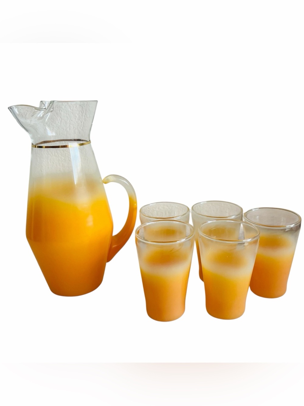 Vintage MCM Blendo Frosted Orange Glass Pitcher & 5 Juice Glasses Gold Trim Set
